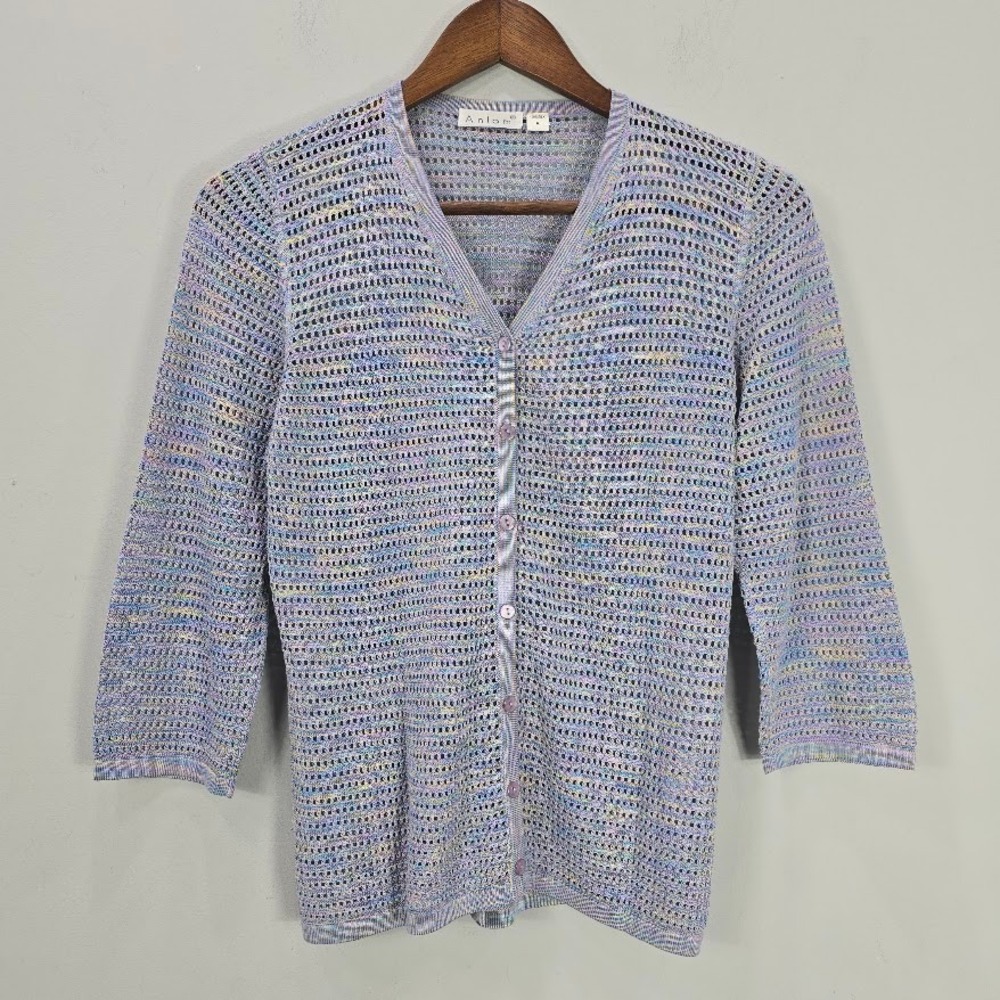 Vtg Anlom Top M Multicolor Pastel Rainbow 3/4 Sleeve Button Up‎ Silk Open Knit